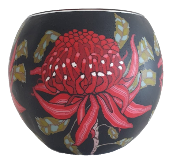 Thumbnail for  Glowing Glass Candle Holder Australian Waratah Flower the color illuminates once lit, Gift Boxed