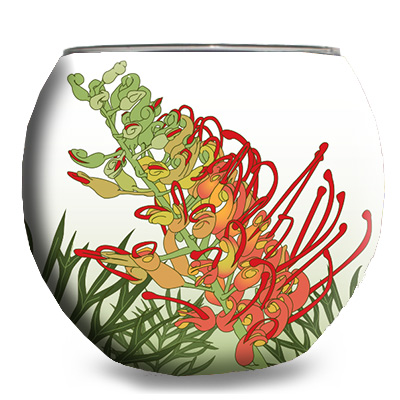 Thumbnail for Glowing Glass Candle Holder Australian Grevillea Flower Once Lit the glass illuminates to create a ambience. Gift Boxed