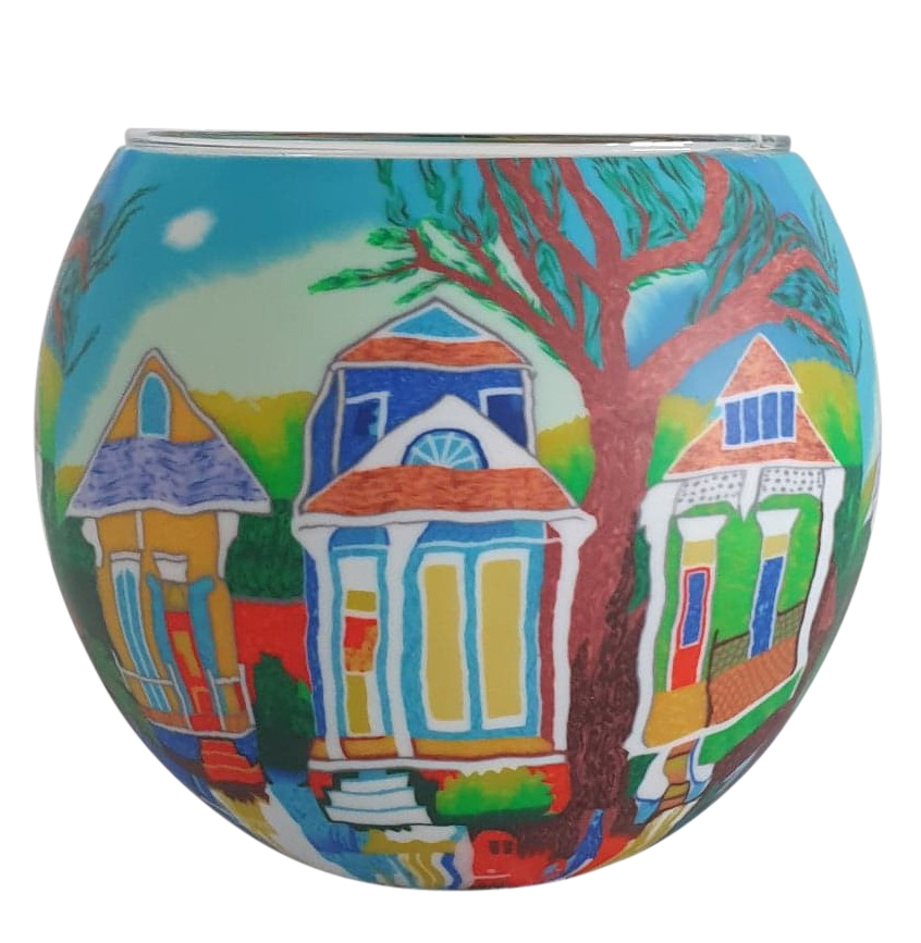 Thumbnail for Glowing Glass Candle Holder New Orleans Style Houses Glowing Glass Candle Holder Create a unique Ambience and see the glass Illuminated once light. Gift Boxed 