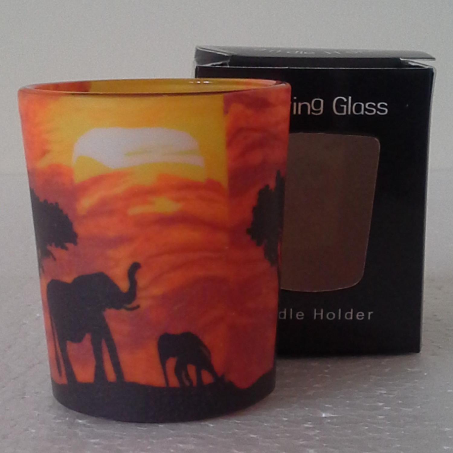 Thumbnail for Tealight Holder Glass Votive Sunset Elephant Gift Boxed